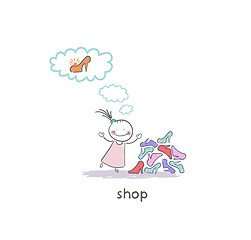 Image showing A girl in a shoe shop. Illustration.