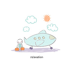 Image showing Man flying on holiday by plane. Illustration.