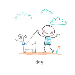 Image showing A man walking with a dog. Illustration.