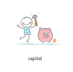 Image showing Man breaks piggy bank with a hammer. Illustration.