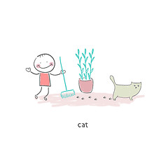 Image showing Man cleaning up after the cat. Illustration.