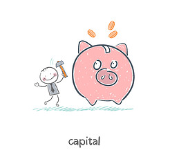 Image showing Man breaks piggy bank with a hammer. Illustration.