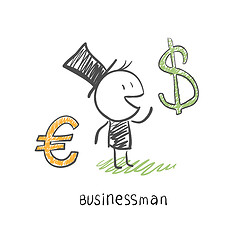 Image showing Businessman chooses between two currencies, the Euro and Dolar. 