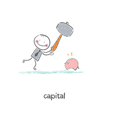 Image showing Man breaks piggy bank with a hammer. Illustration.