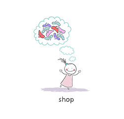 Image showing A girl in a shoe shop. Illustration.