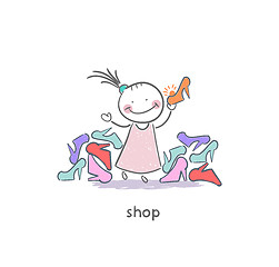 Image showing A girl in a shoe shop. Illustration.