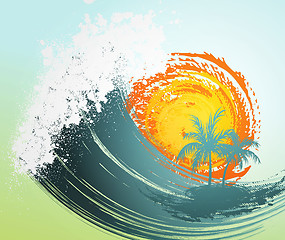 Image showing Tropical background with palm, waves and sun