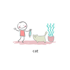 Image showing Man feeds cat fish. Illustration.