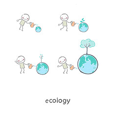 Image showing The concept of ecological restoration. A man watering a tree. Il