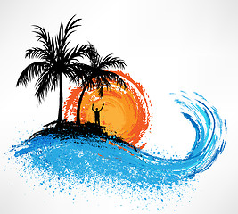 Image showing Palm trees and ocean wave. Sunset