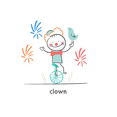 Image showing Clown riding a unicycle. Illustration.