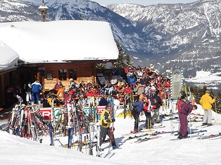 Image showing Skiers at skiresort