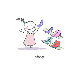 Image showing A girl in a shoe shop. Illustration.