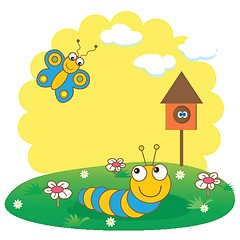 Image showing Cute spring card with caterpillar and butterfly.