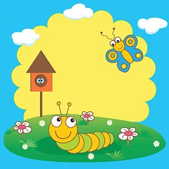 Image showing Cute spring card with caterpillar and butterfly.