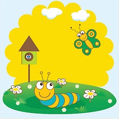 Image showing Cute spring card with caterpillar and butterfly.