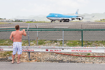 Image showing ST MARTIN, ANTILLES - JULY 19, 2013: Boeing 747 aircraft on ther