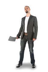 Image showing Angry looking man with meat cleaver