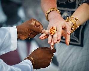 Image showing Wedding in Sri Lanka. Ritual - priest ties little fingers with a