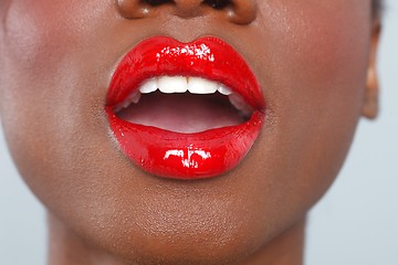 Image showing Red Lips Makeup Detail With Sensual Open Mouth