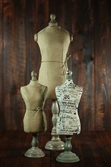 Image showing Antique Mannequin Busts on Wood Grunge Background