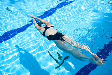 Image showing Female freediver diving in pool