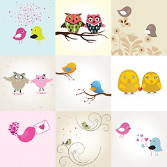 Image showing Set of 9 valentines cards with cute birds couples