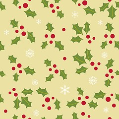 Image showing Christmas background with holly berry leaves on dark green background