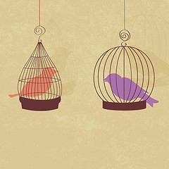 Image showing Vintage card with two cute birds in retro cages