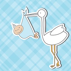 Image showing Baby arrival card with stork that brings a cute boy