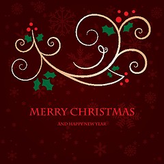 Image showing Christmas background with holly berry leaves on dark green background