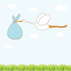 Image showing Baby arrival card with stork that brings a cute boy