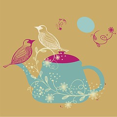 Image showing Birds couple on the teapot, hand drawn vector illustration