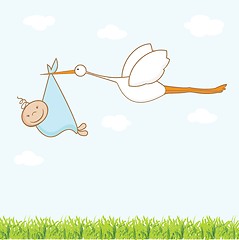 Image showing Baby arrival card with stork that brings a cute boy