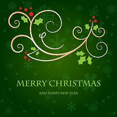 Image showing Christmas background with holly berry leaves on dark green background