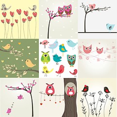 Image showing Set of 9 valentines cards with cute birds couples