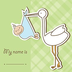 Image showing Baby arrival card with stork that brings a cute boy