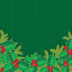 Image showing Christmas background with holly berry leaves on dark green background