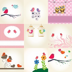 Image showing Set of 9 valentines cards with cute birds couples