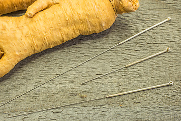 Image showing acupuncture needles and ginseng root