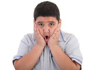 Image showing Scared litle kid boy holding hands on face and screaming isolate