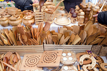 Image showing handmade wooden kitchen utensil tools bazaar fair 