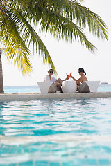 Image showing happy young couple relax and take fresh drink