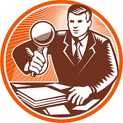 Image showing Businessman Magnifying Glass Looking Documents