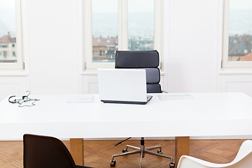 Image showing office workplace table and laptop white background architecture