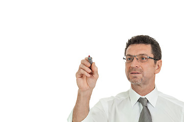 Image showing smiling adult businessman write with red pen isolated copyspace