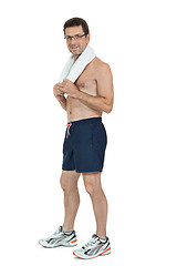 Image showing smiling mature sporty man with towel fittness sport health isolated