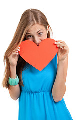 Image showing smiling young woman and red heart love valentines day 