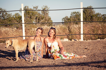 Image showing two woman horse and dog outdoor in summer happy