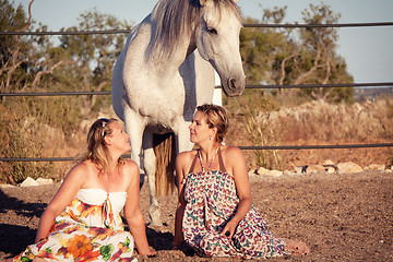 Image showing two woman horse and dog outdoor in summer happy